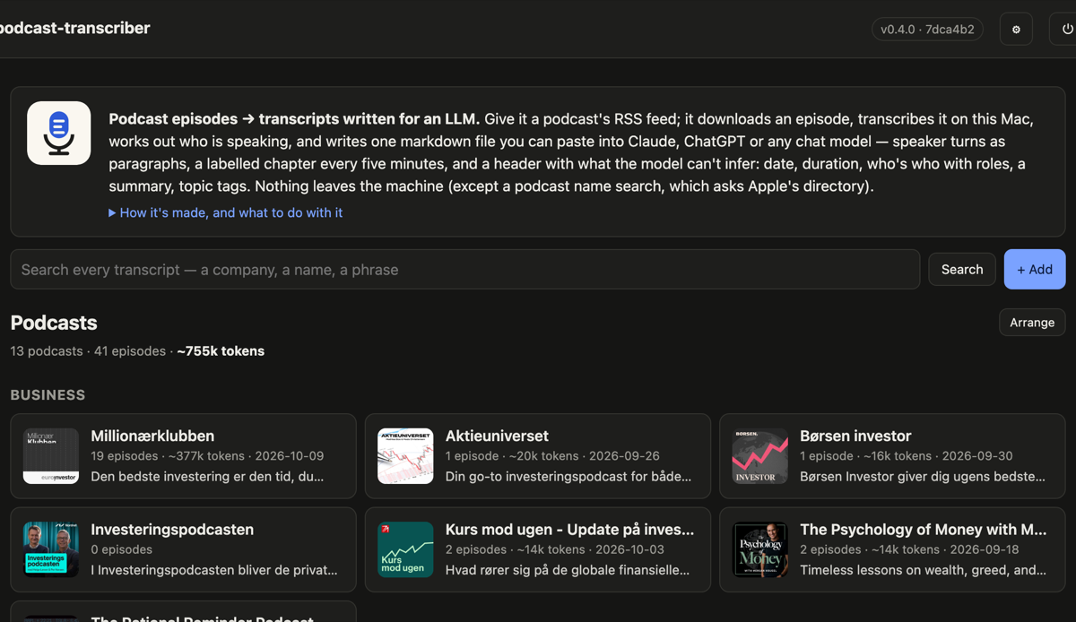 Podcast Transcriber web UI: search bar and podcasts as tiles with episode counts and token totals